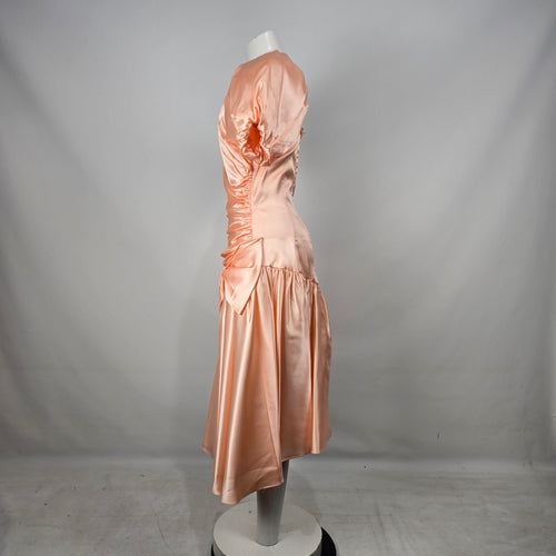 Vintage Peach Satin Puff Sleeve Ruched Party Dress Bow Detail S/M