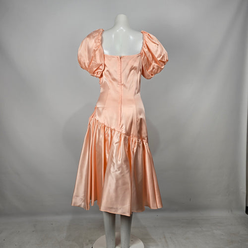 Vintage Peach Satin Puff Sleeve Ruched Party Dress Bow Detail S/M