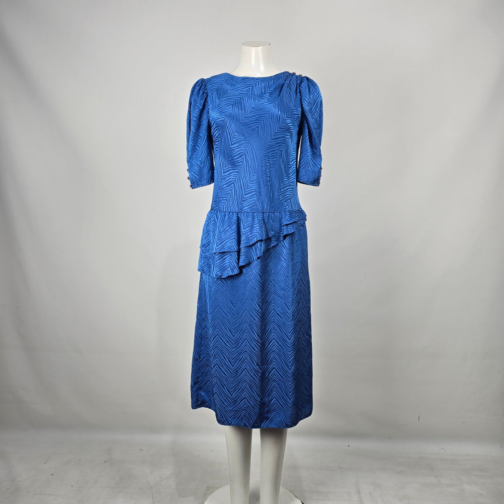 Vintage Second Generation Blue Jacquard Peplum Midi Dress Puff Sleeve Size 7/8