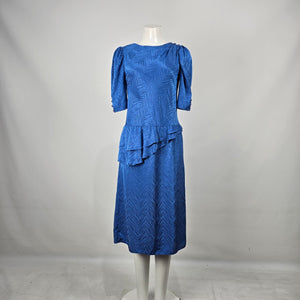 Vintage Second Generation Blue Jacquard Peplum Midi Dress Puff Sleeve Size 7/8