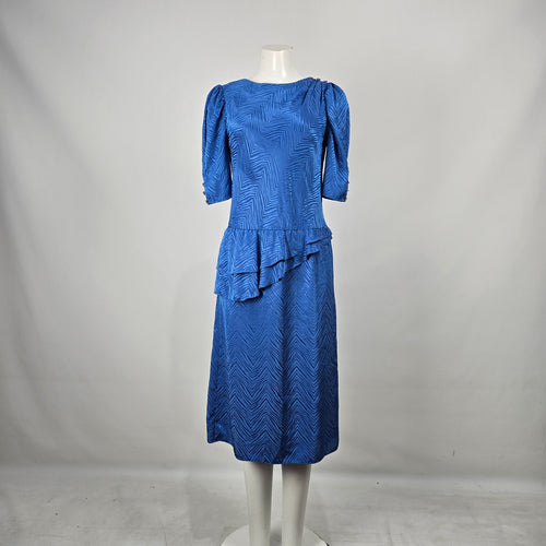 Vintage Second Generation Blue Jacquard Peplum Midi Dress Puff Sleeve Size 7/8