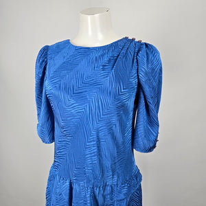Vintage Second Generation Blue Jacquard Peplum Midi Dress Puff Sleeve Size 7/8