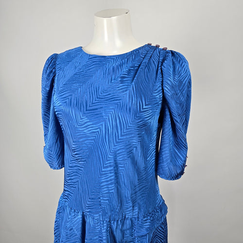 Vintage Second Generation Blue Jacquard Peplum Midi Dress Puff Sleeve Size 7/8