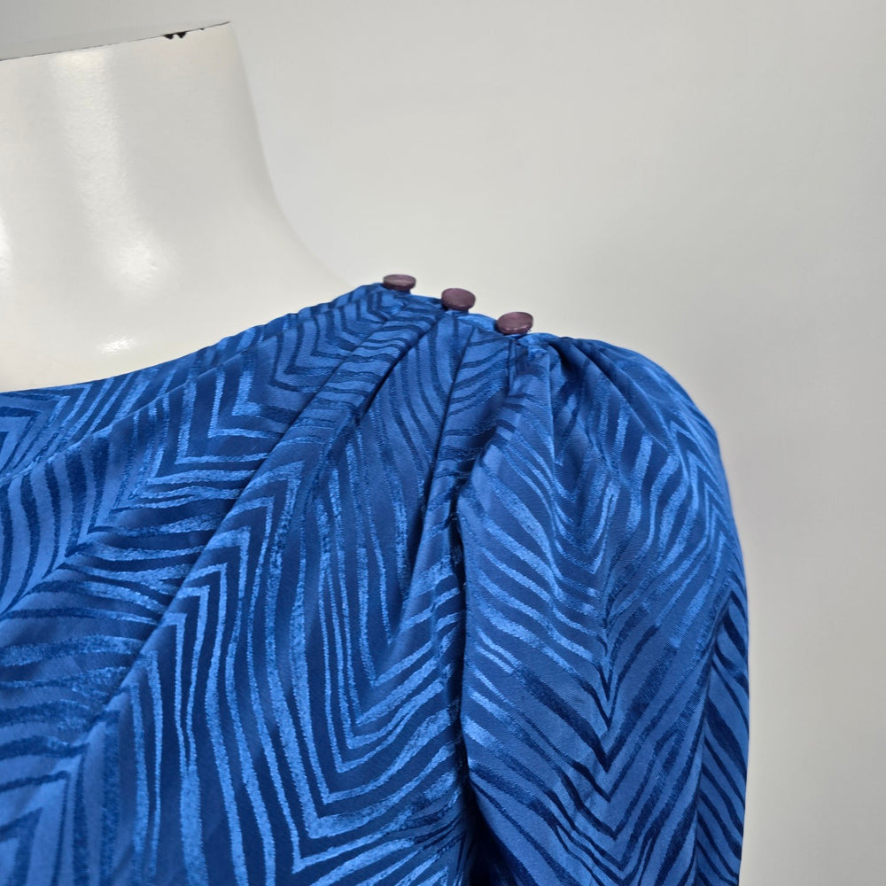 Vintage Second Generation Blue Jacquard Peplum Midi Dress Puff Sleeve Size 7/8