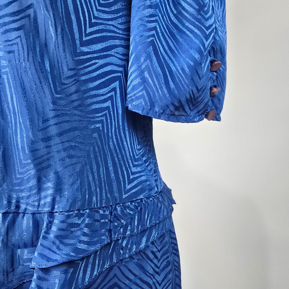 Vintage Second Generation Blue Jacquard Peplum Midi Dress Puff Sleeve Size 7/8