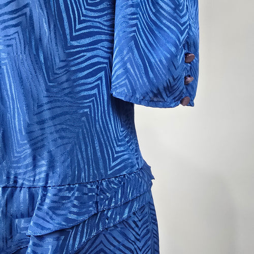 Vintage Second Generation Blue Jacquard Peplum Midi Dress Puff Sleeve Size 7/8