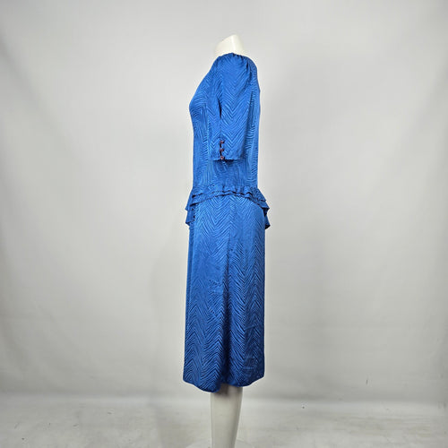 Vintage Second Generation Blue Jacquard Peplum Midi Dress Puff Sleeve Size 7/8