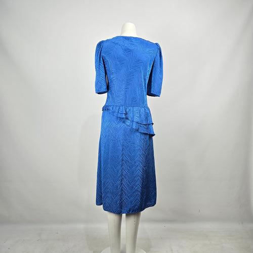 Vintage Second Generation Blue Jacquard Peplum Midi Dress Puff Sleeve Size 7/8