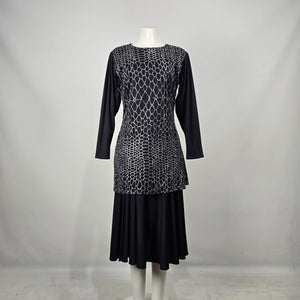 Vintage Mr. Edward Black & Silver Glitter Pattern Long Sleeve Midi Dress Size M