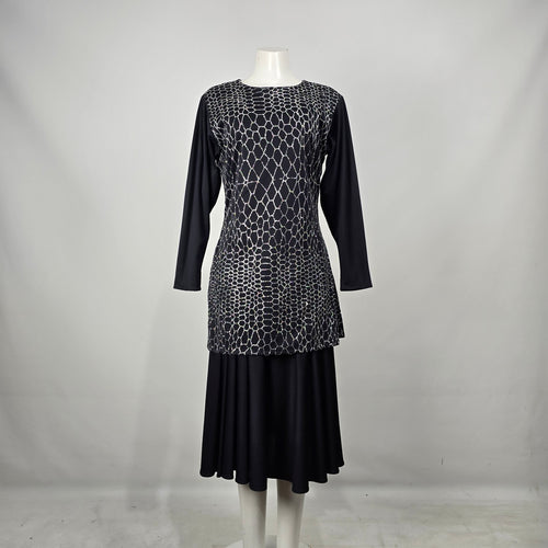 Vintage Mr. Edward Black & Silver Glitter Pattern Long Sleeve Midi Dress Size M