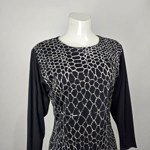 Vintage Mr. Edward Black & Silver Glitter Pattern Long Sleeve Midi Dress Size M