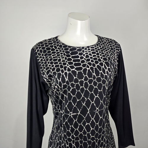Vintage Mr. Edward Black & Silver Glitter Pattern Long Sleeve Midi Dress Size M