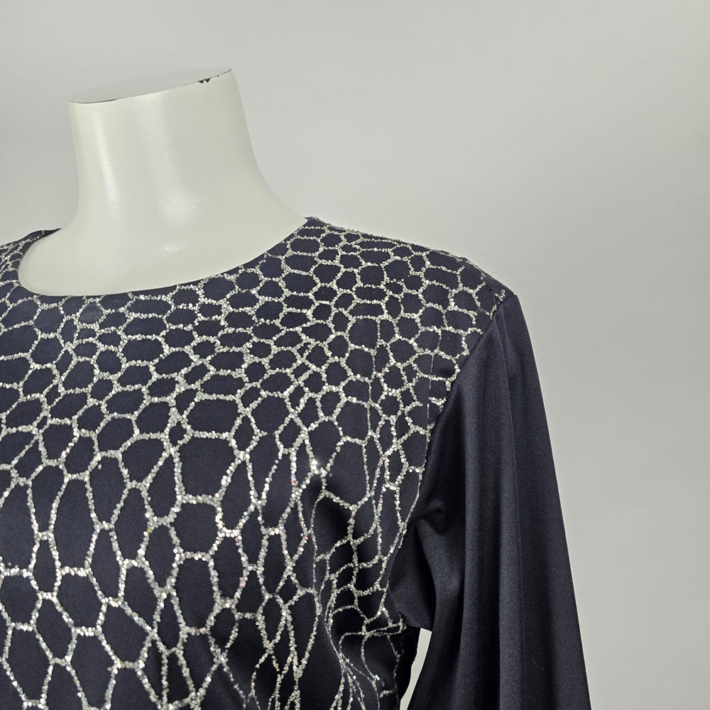 Vintage Mr. Edward Black & Silver Glitter Pattern Long Sleeve Midi Dress Size M