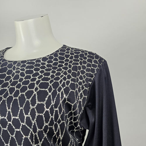 Vintage Mr. Edward Black & Silver Glitter Pattern Long Sleeve Midi Dress Size M