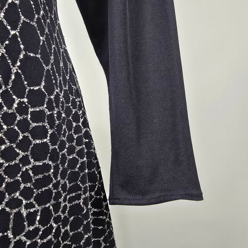 Vintage Mr. Edward Black & Silver Glitter Pattern Long Sleeve Midi Dress Size M
