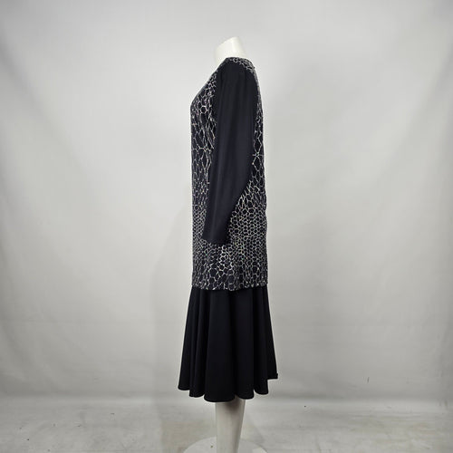 Vintage Mr. Edward Black & Silver Glitter Pattern Long Sleeve Midi Dress Size M