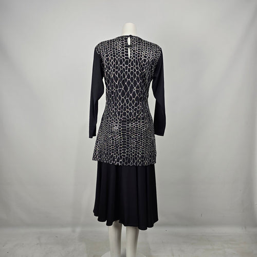 Vintage Mr. Edward Black & Silver Glitter Pattern Long Sleeve Midi Dress Size M