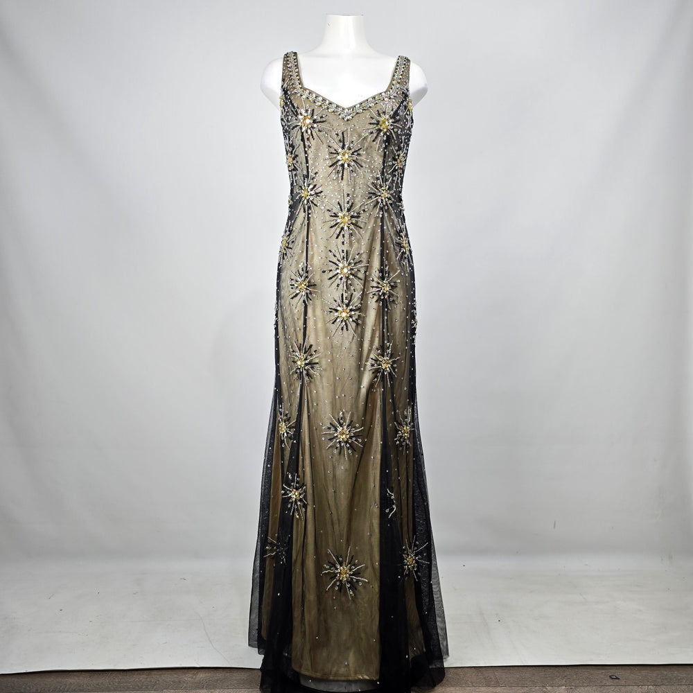 Vintage Amelia Couture Black Gold Mesh Evening Prom Gown Size 12