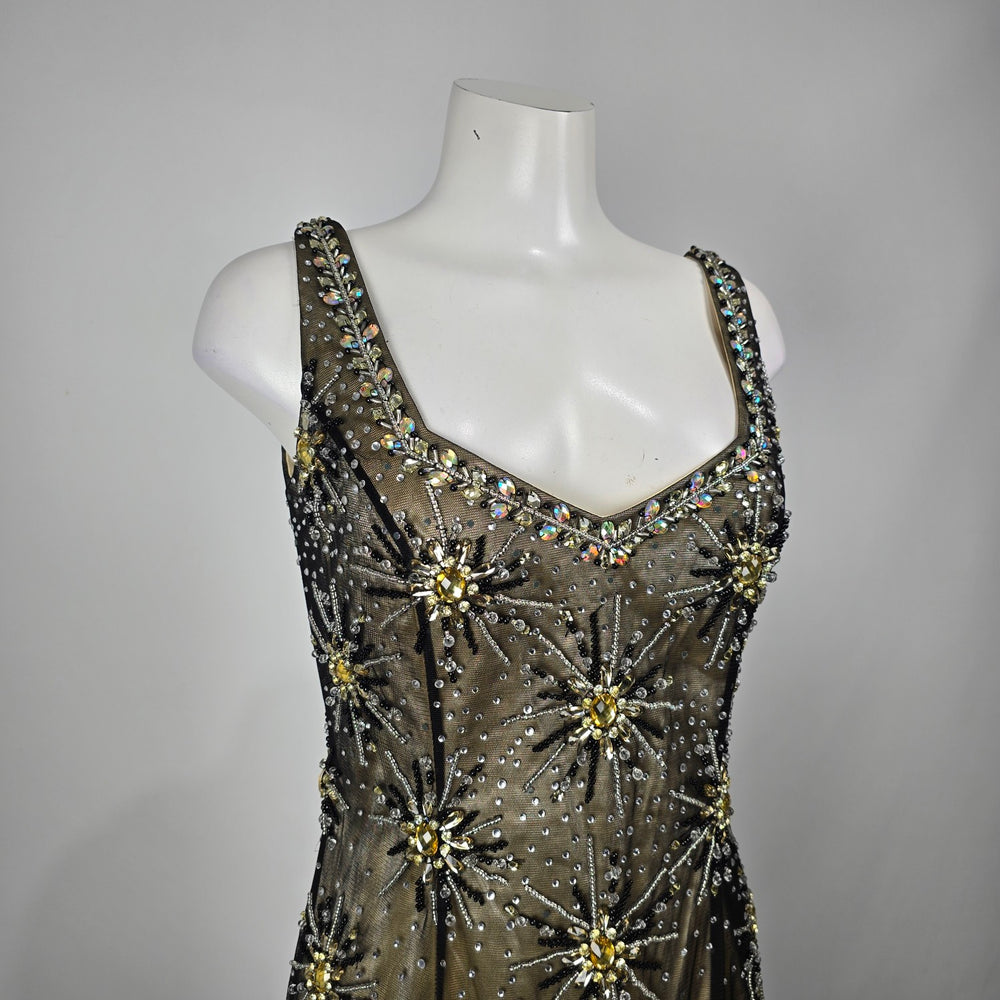 Vintage Amelia Couture Black Gold Mesh Evening Prom Gown Size 12