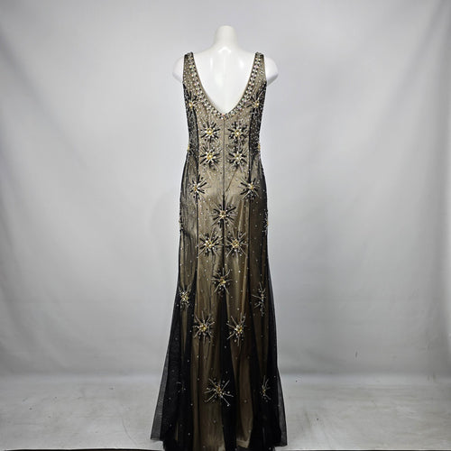 Vintage Amelia Couture Black Gold Mesh Evening Prom Gown Size 12