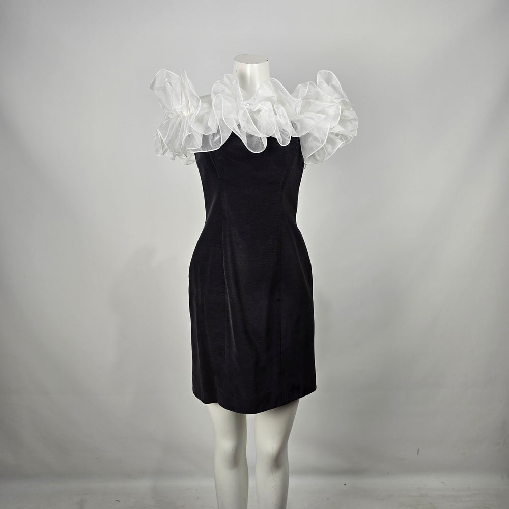 Vintage Loralie Black Cocktail Dress White Organza Ruffle Off Shoulder Size 10
