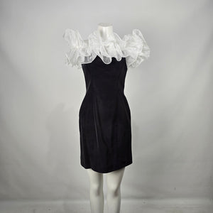Vintage Loralie Black Cocktail Dress White Organza Ruffle Off Shoulder Size 10