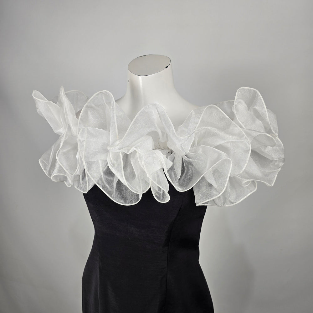 Vintage Loralie Black Cocktail Dress White Organza Ruffle Off Shoulder Size 10