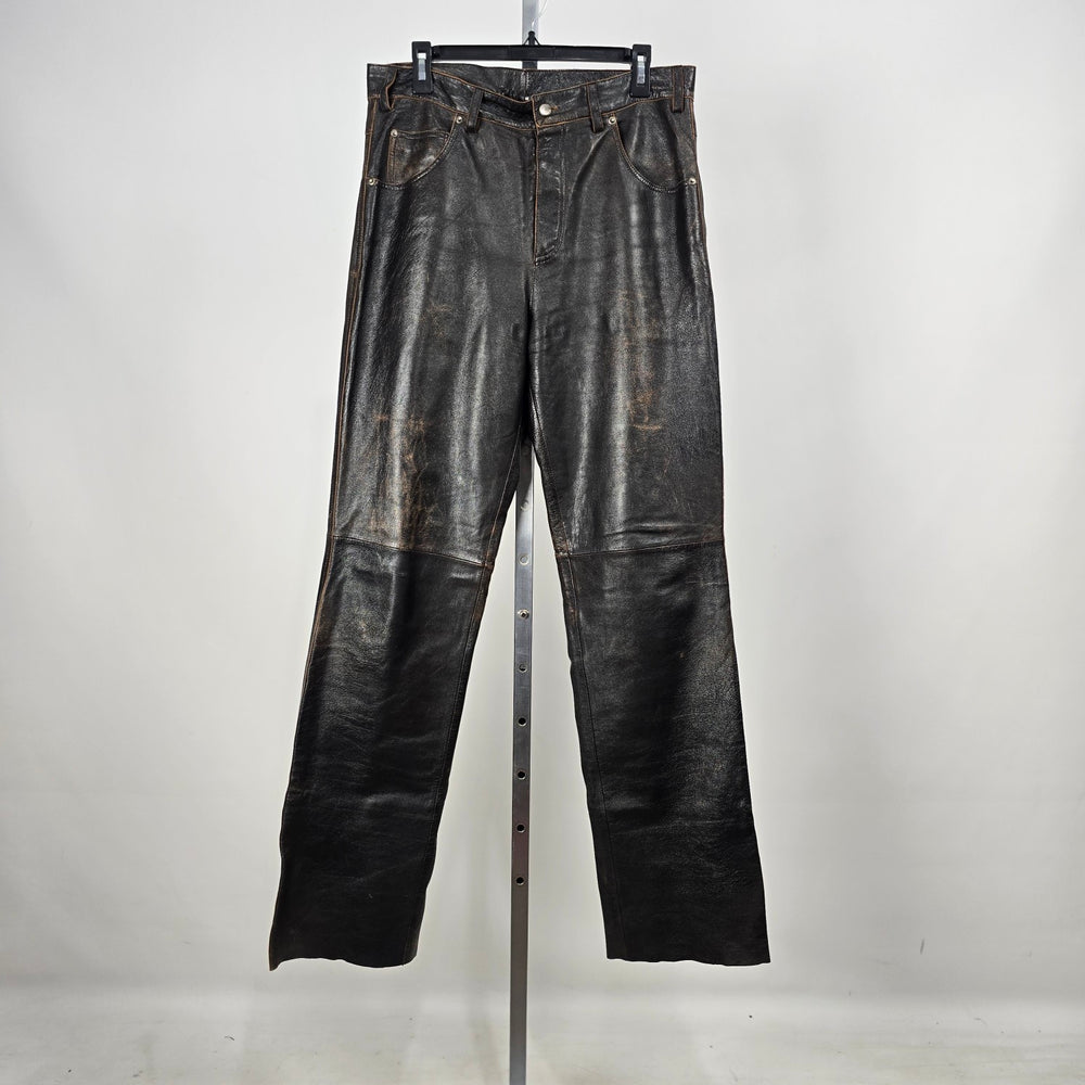 Vintage Oakwood Classic Leather Pants Size 34 Black Brown Distressed Straight Leg Lined