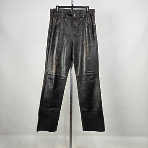 Vintage Oakwood Classic Leather Pants Size 34 Black Brown Distressed Straight Leg Lined