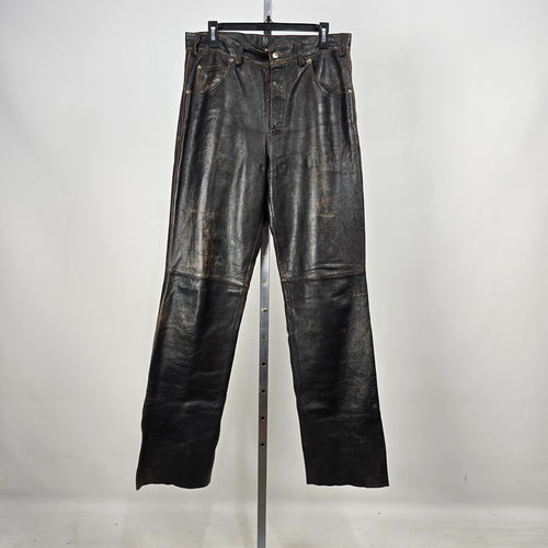 Vintage Oakwood Classic Leather Pants Size 34 Black Brown Distressed Straight Leg Lined