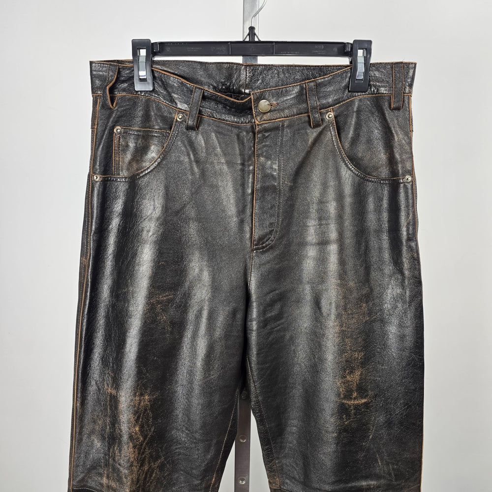 Vintage Oakwood Classic Leather Pants Size 34 Black Brown Distressed Straight Leg Lined