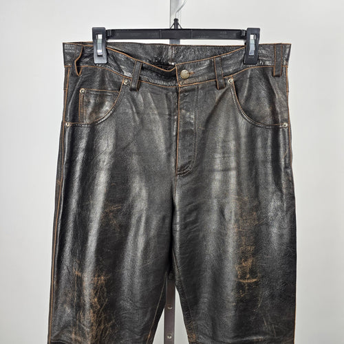 Vintage Oakwood Classic Leather Pants Size 34 Black Brown Distressed Straight Leg Lined