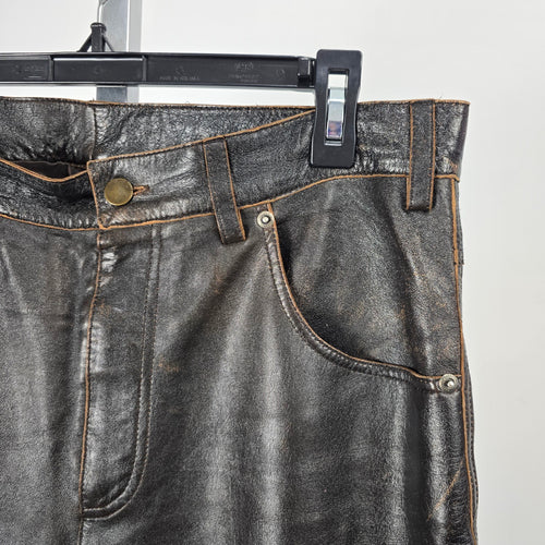 Vintage Oakwood Classic Leather Pants Size 34 Black Brown Distressed Straight Leg Lined