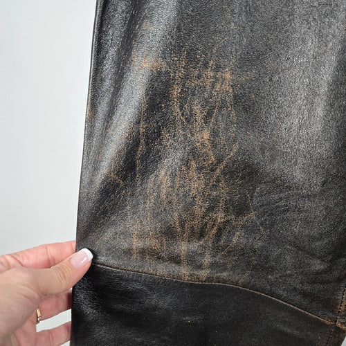 Vintage Oakwood Classic Leather Pants Size 34 Black Brown Distressed Straight Leg Lined