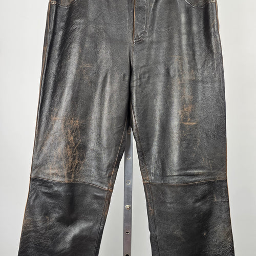 Vintage Oakwood Classic Leather Pants Size 34 Black Brown Distressed Straight Leg Lined