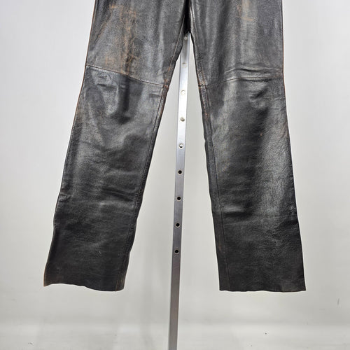 Vintage Oakwood Classic Leather Pants Size 34 Black Brown Distressed Straight Leg Lined