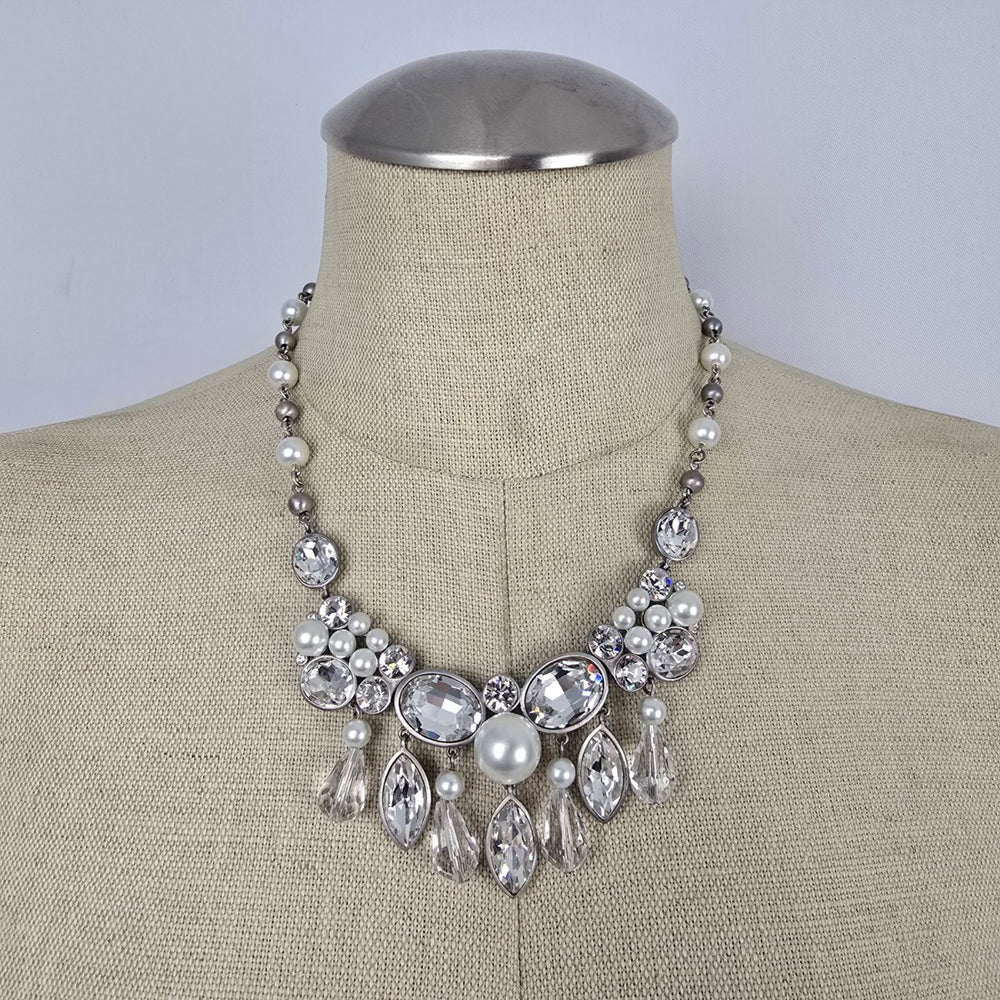 FAC Jubilee Silver Tone Faux Pearl & Rhinestone Statement Necklace