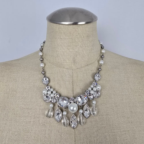FAC Jubilee Silver Tone Faux Pearl & Rhinestone Statement Necklace