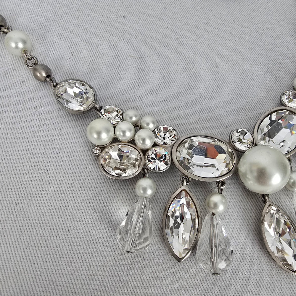 FAC Jubilee Silver Tone Faux Pearl & Rhinestone Statement Necklace