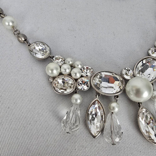 FAC Jubilee Silver Tone Faux Pearl & Rhinestone Statement Necklace