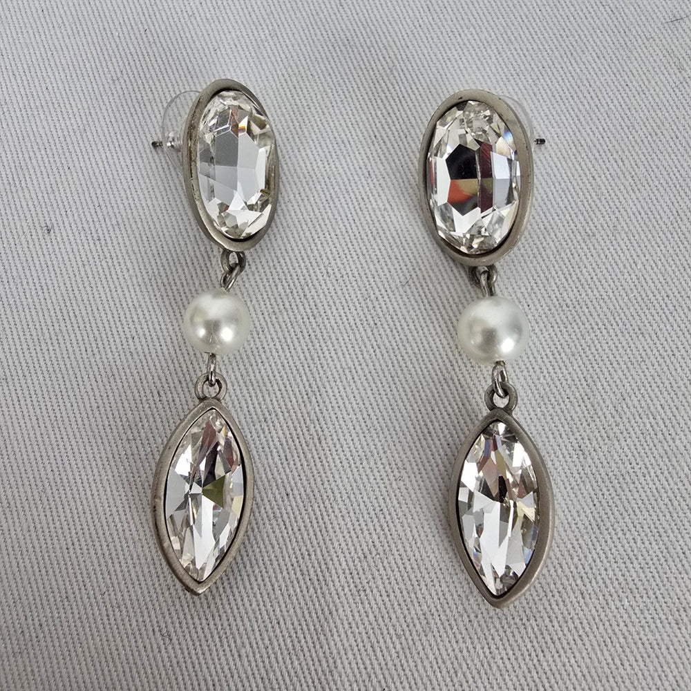 FAC Silver Tone Faux Pearl & Clear Crystal Drop Earrings