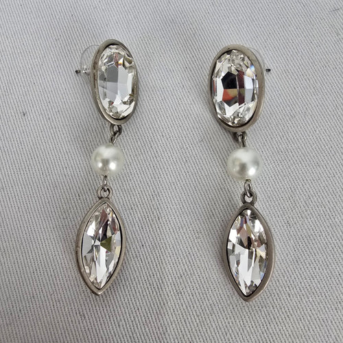 FAC Silver Tone Faux Pearl & Clear Crystal Drop Earrings