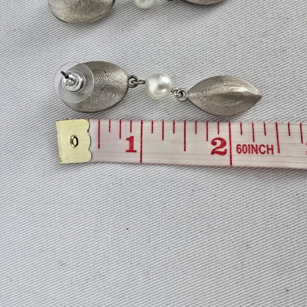 FAC Silver Tone Faux Pearl & Clear Crystal Drop Earrings