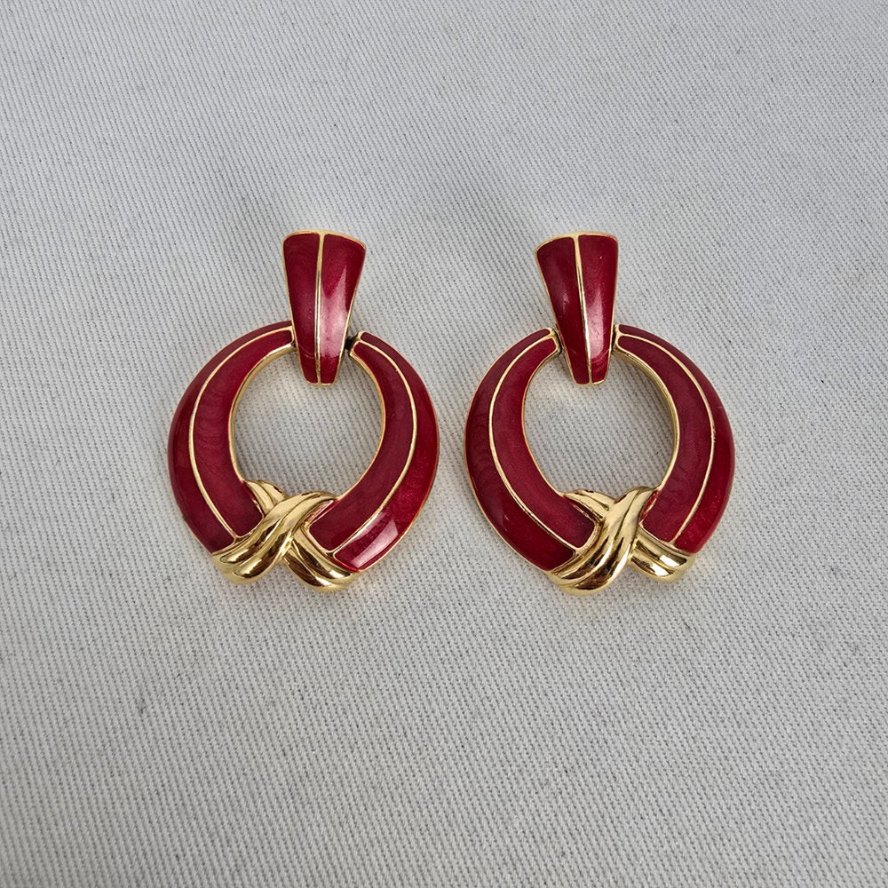 Vintage Trifari Red Enamel Gold Tone Earrings