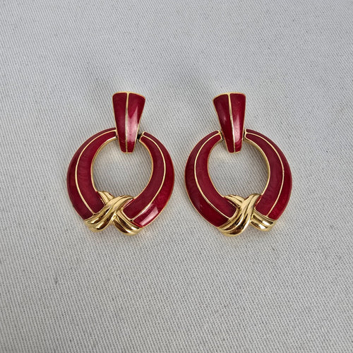 Vintage Trifari Red Enamel Gold Tone Earrings