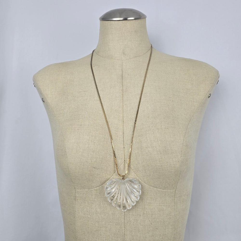 Vintage Clear Fluted Heart Pendant Necklace Gold Tone Chain Large Statement