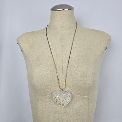 Vintage Clear Fluted Heart Pendant Necklace Gold Tone Chain Large Statement