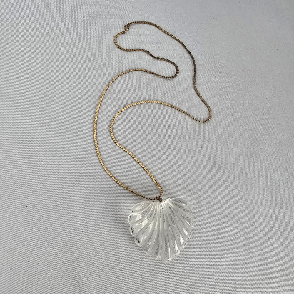 Vintage Clear Fluted Heart Pendant Necklace Gold Tone Chain Large Statement