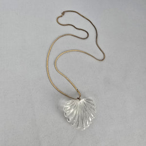 Vintage Clear Fluted Heart Pendant Necklace Gold Tone Chain Large Statement