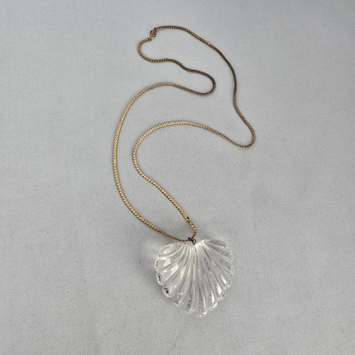 Vintage Clear Fluted Heart Pendant Necklace Gold Tone Chain Large Statement